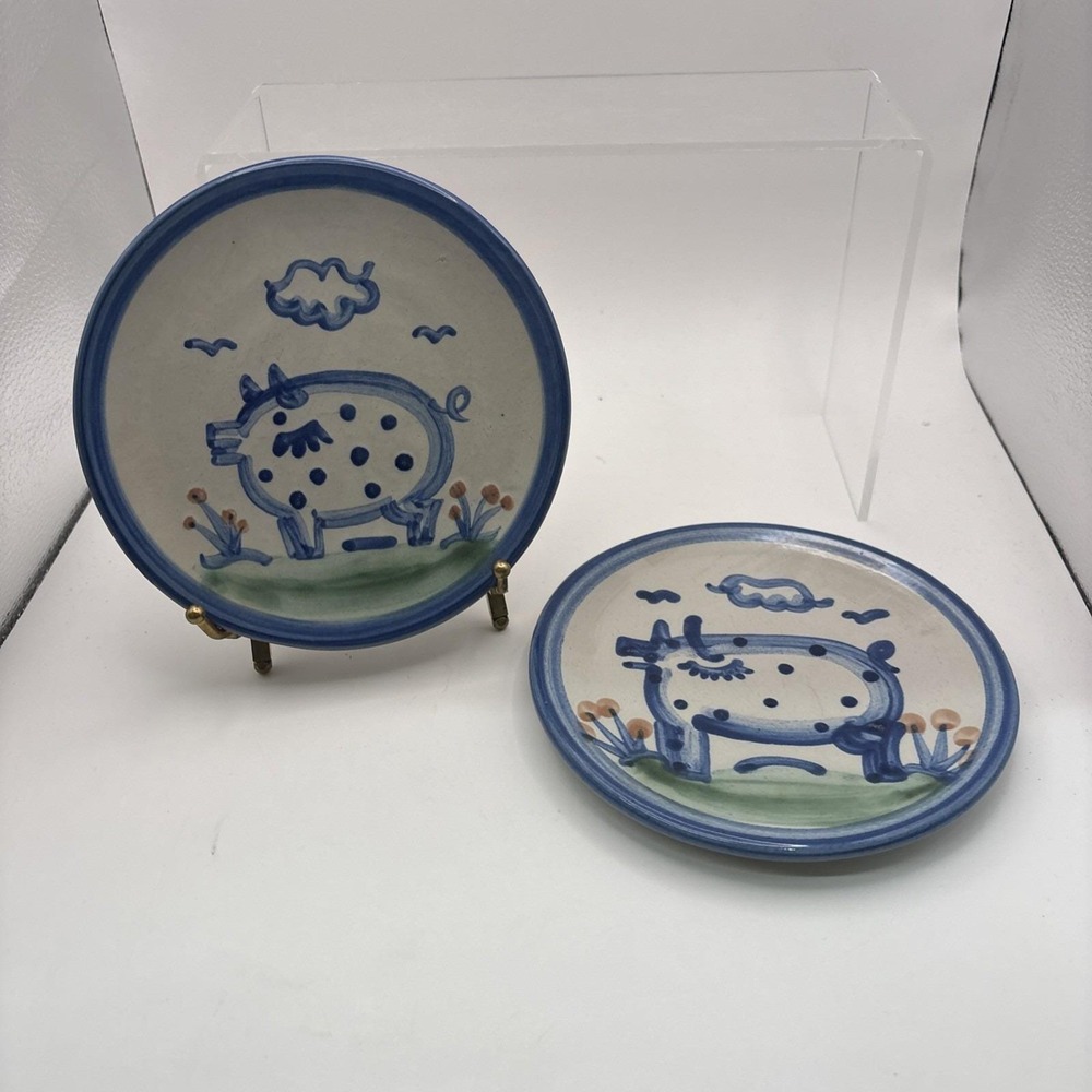 Vtg~MA Hadley~Pottery~Bread & Butter Plates~Pig~6"~Set of 2